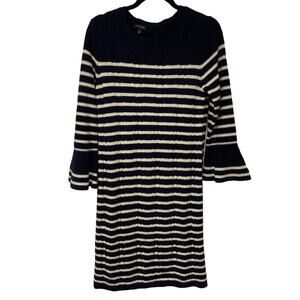 Talbots Womens Navy Blue Cream Striped Bell Sleeve Sweater Dress Bow Medium Warm
